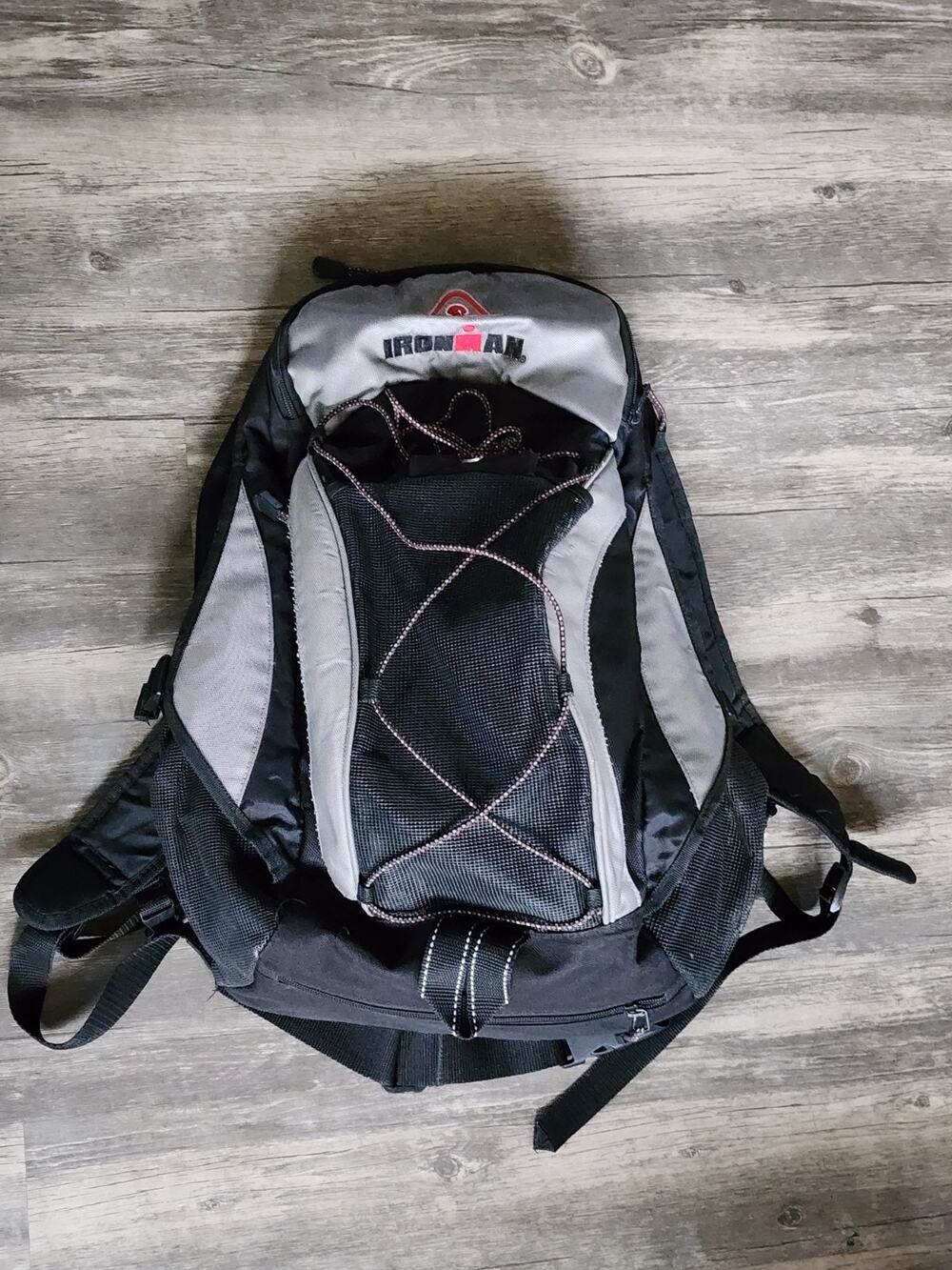 IRONMAN Black Gray Backpack Official Logo Design Athletic Gym Workout Bag Hiking